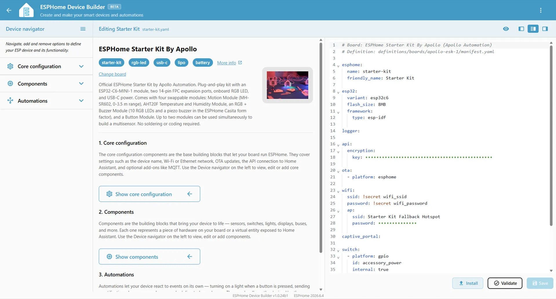 A screenshot of the ESPHome Device Builder interface, showing a successful device configuration